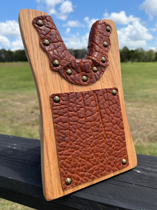 Detailed view of bison leather inlay from Wyoming on a custom handcrafted boot jack from locally sourced Texas pecan or oak from Pate Ranch Creation