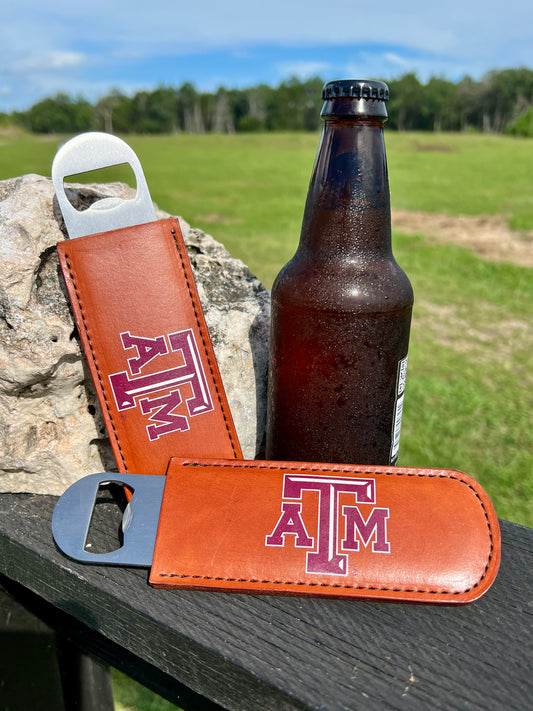 Leather-handled stainless steel bottle opener 7 inches with stitched grip and customizable engraved or UV-printed design