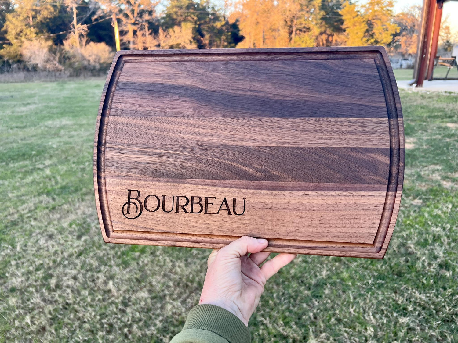 Laser Engraved Black Walnut Custom Cutting board with drop edges
