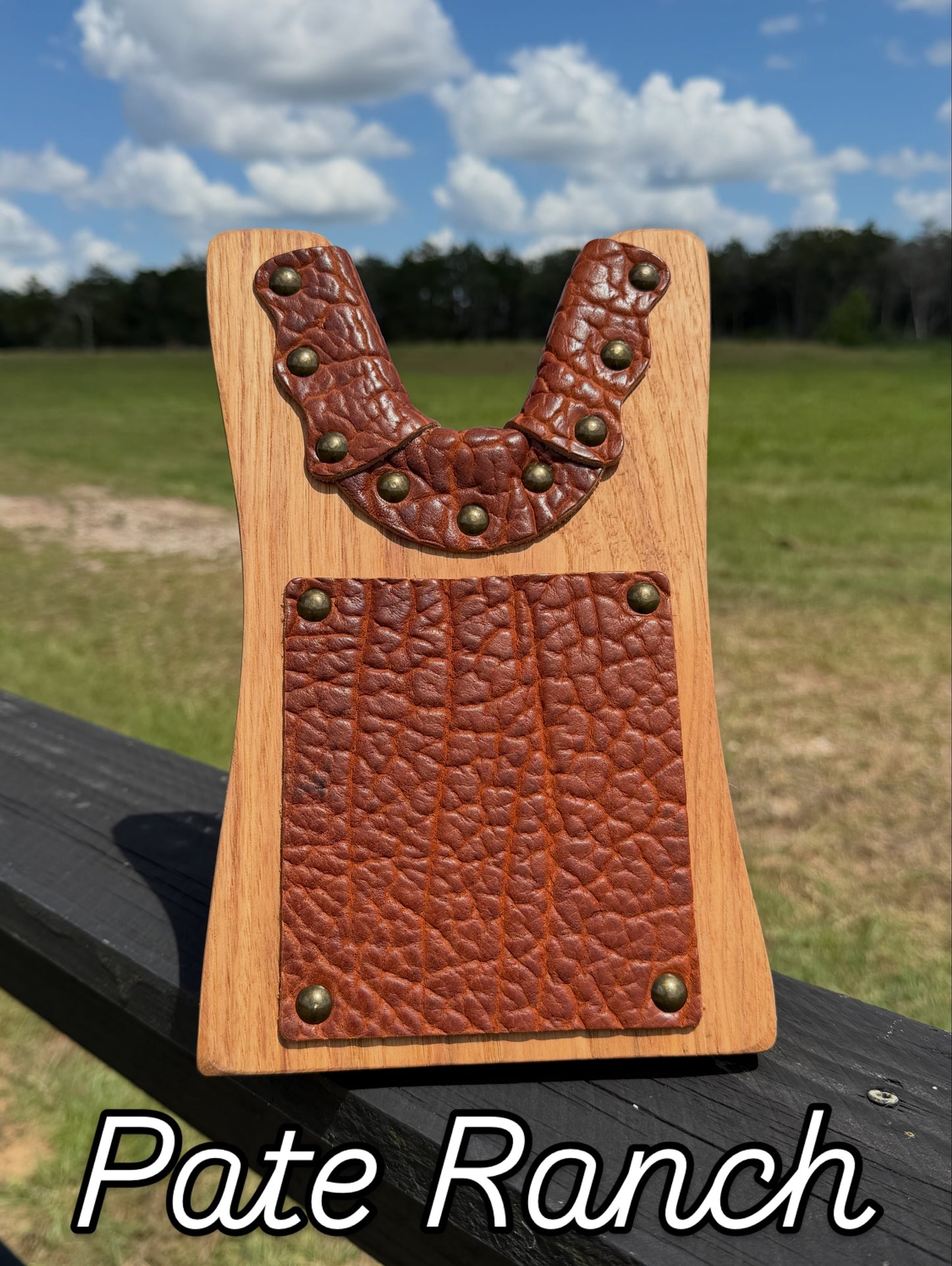 Custom rustic boot jack featuring premium bison leather and ranch-sourced wood, handcrafted in Texas