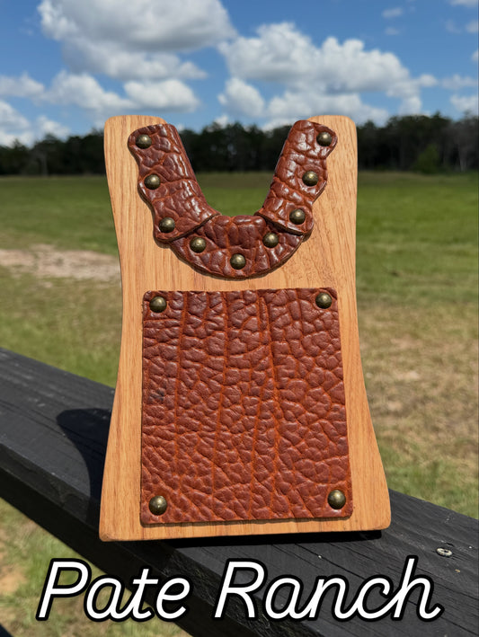 Custom rustic boot jack featuring premium bison leather and ranch-sourced wood, handcrafted in Texas