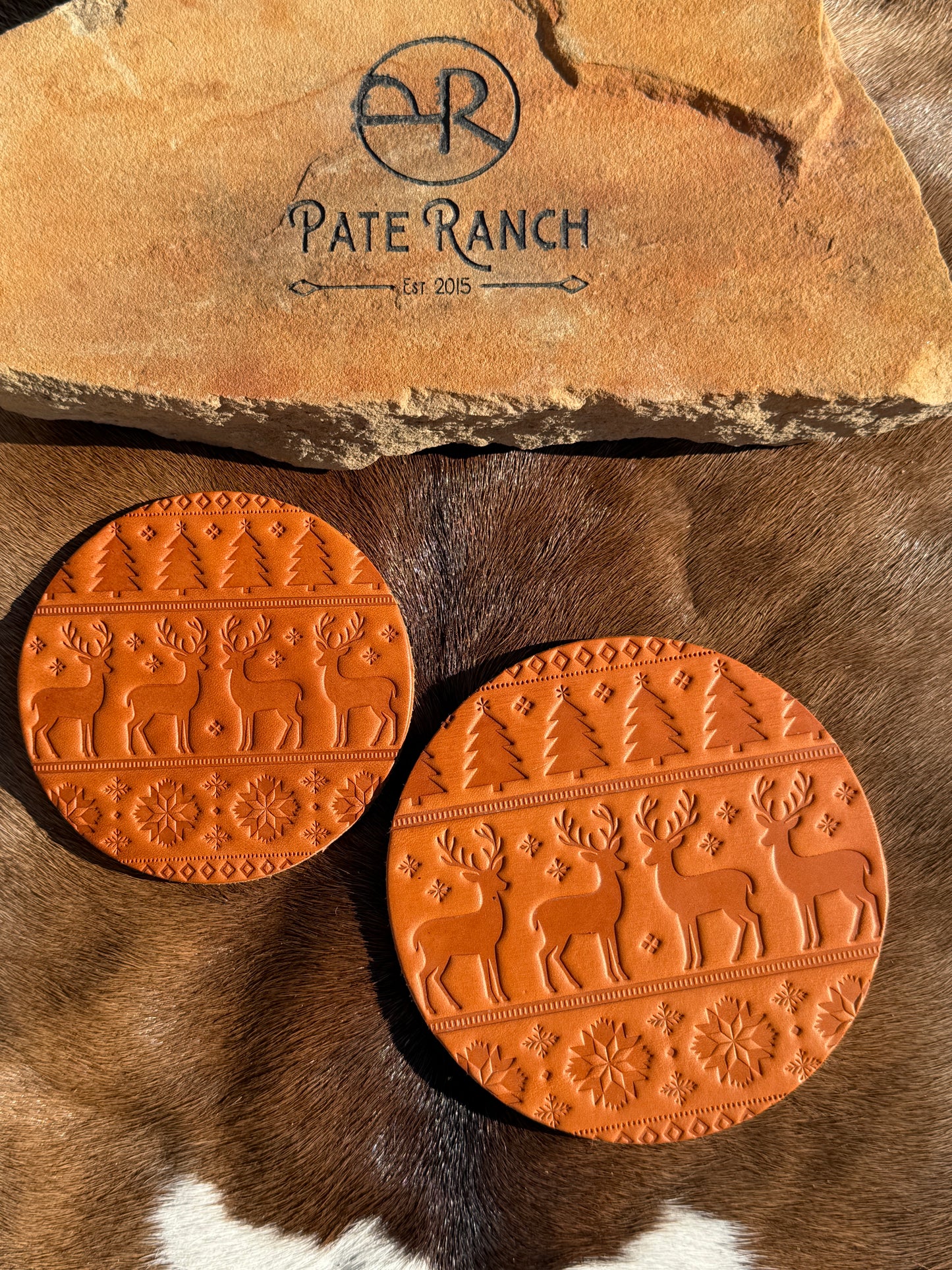 Embossed Leather Coaster – Nordic Reindeer Pattern | 4” or 5” | Premium Bridle Leather 12–14 oz