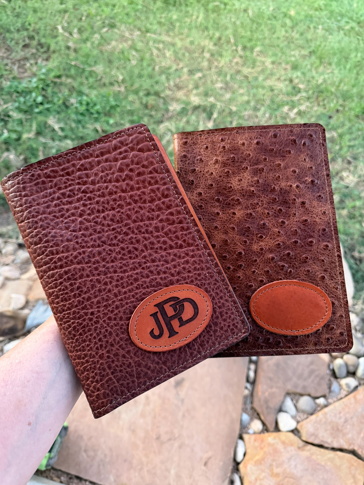 Personalized leather A5 padfolios in textured bison and ostrich-style leather