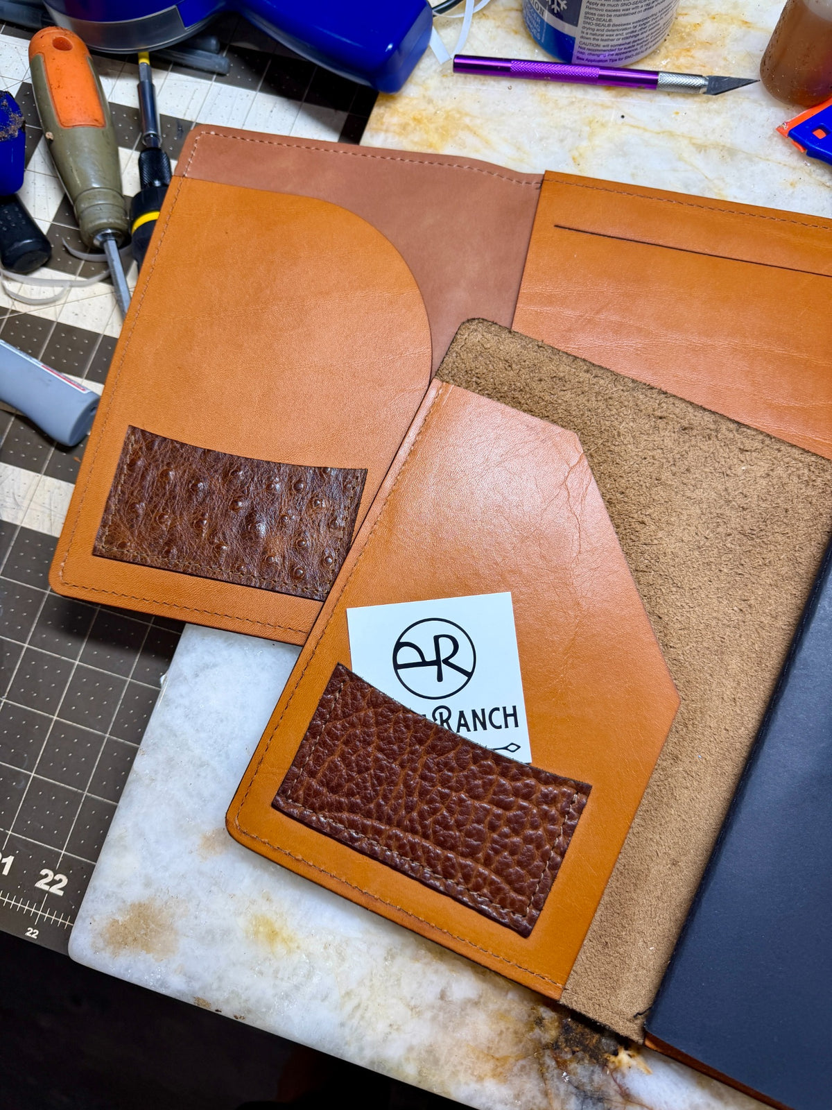 Handcrafted leather A5 padfolio interior with document pocket and card pocket