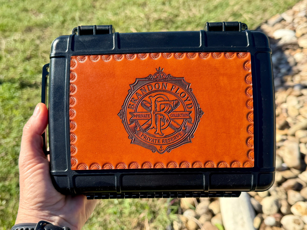 Genuine 10 oz bridle leather personalized cigar travel case with decorative Western tooling and engraved crest