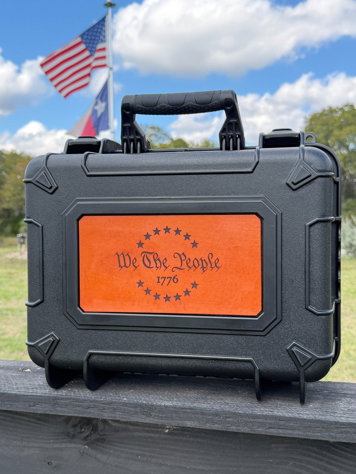 Personalized Texas-made four-pistol hard case with engraved bridle leather front and back panels