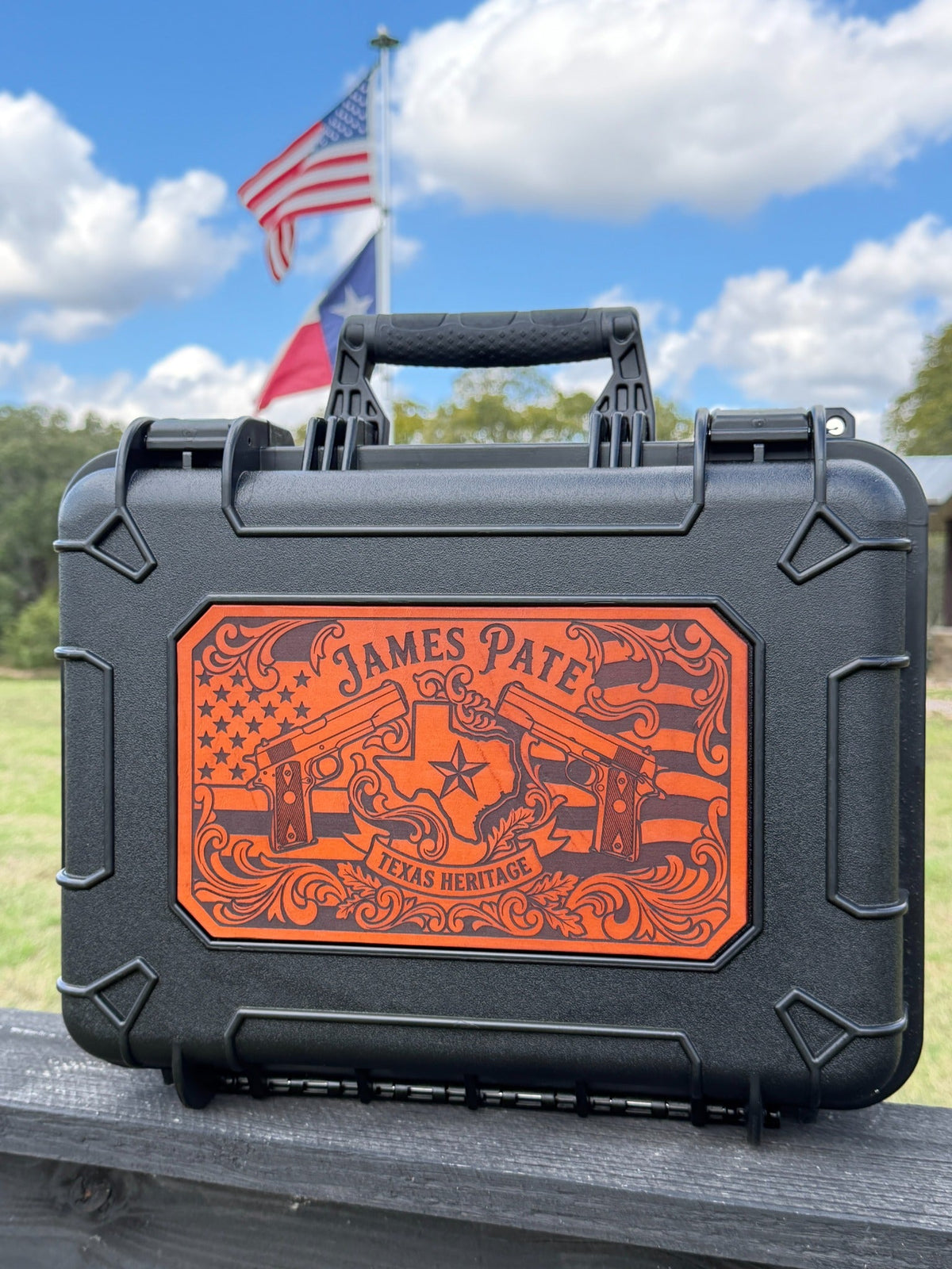 Personalized Texas-made four-pistol hard case with engraved bridle leather front and back panels