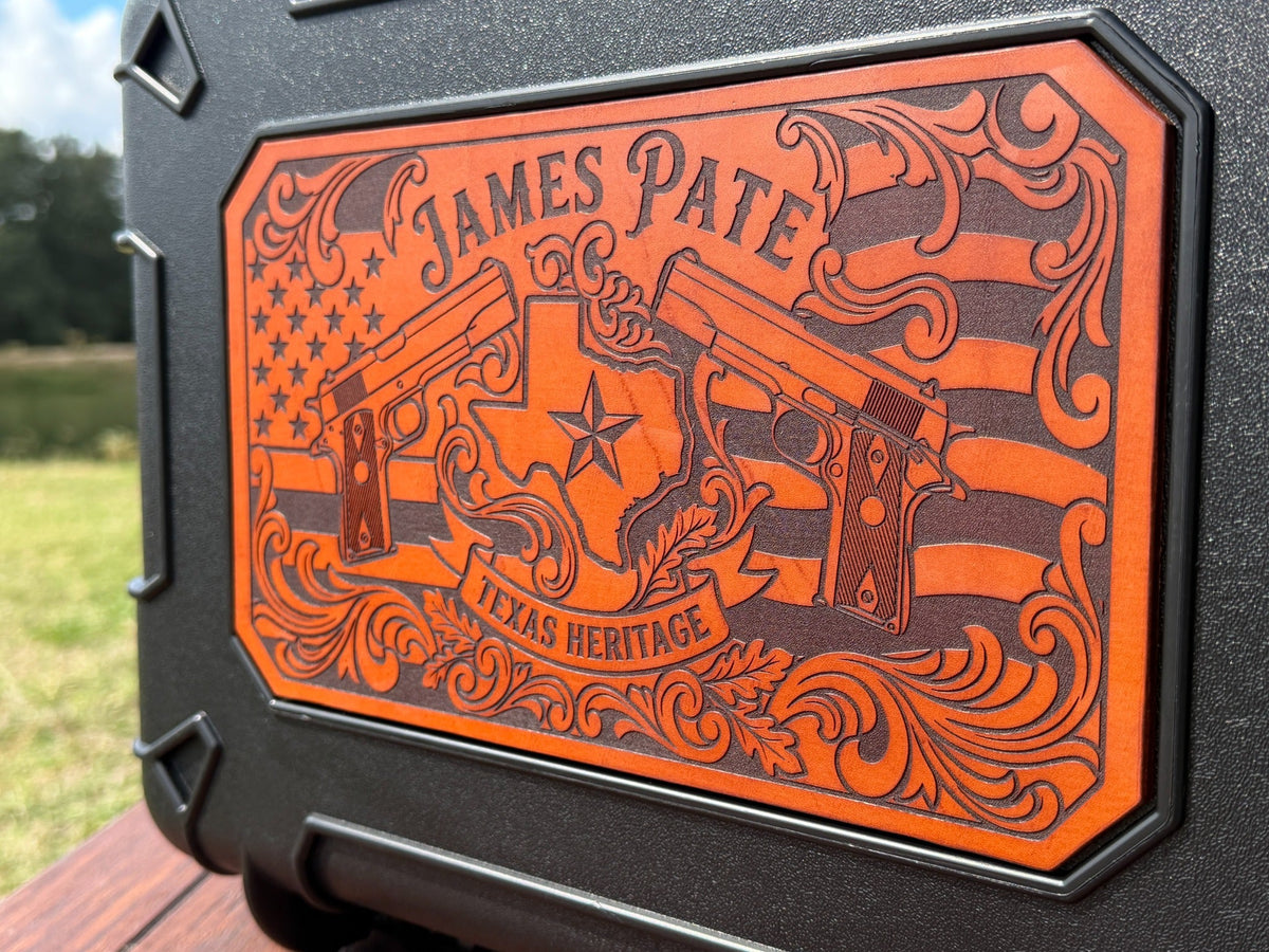 Personalized Texas-made four-pistol hard case with engraved bridle leather front and back panels