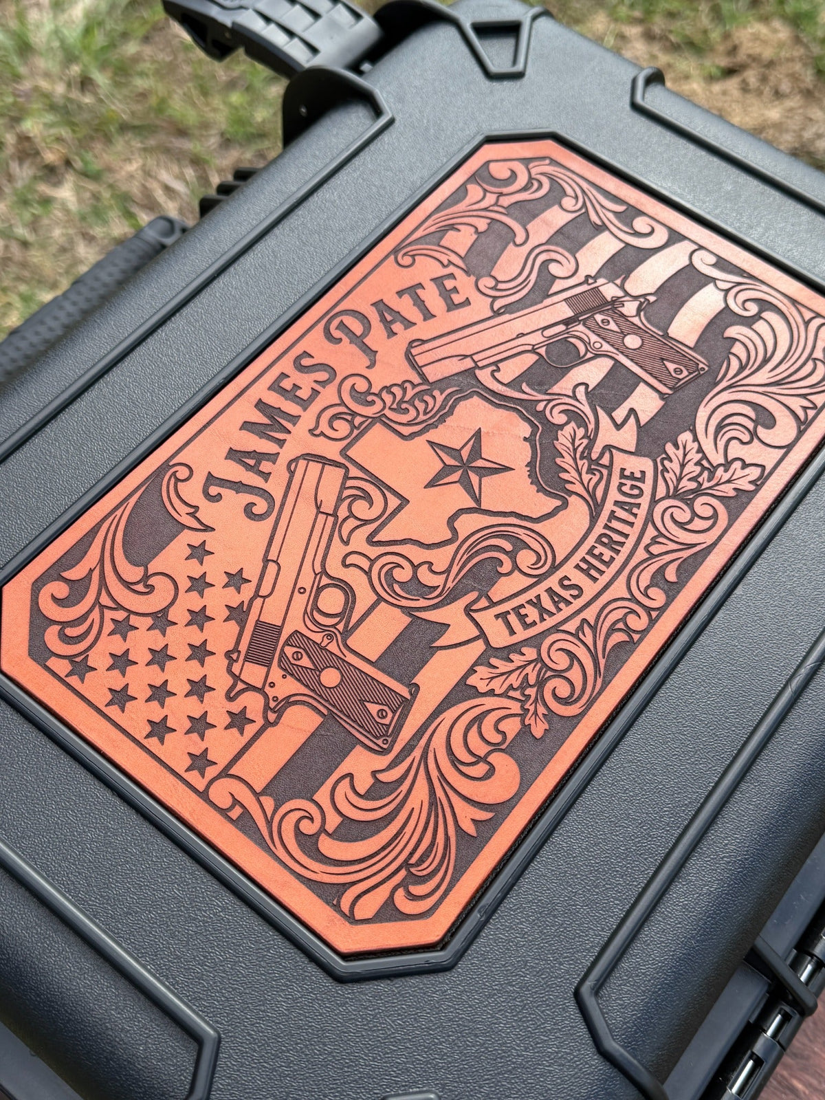 Personalized Texas-made four-pistol hard case with engraved bridle leather front and back panels