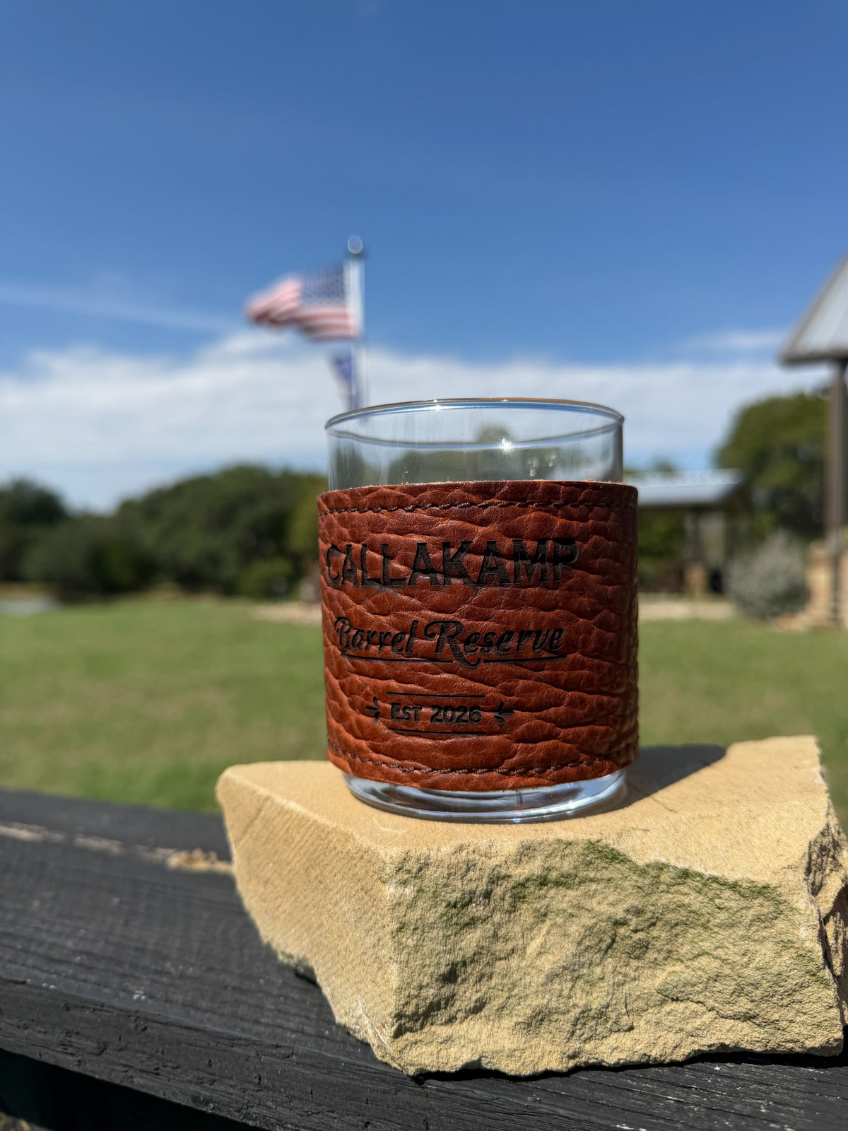 Premium bison leather wrapped bourbon glass with custom laser engraved design